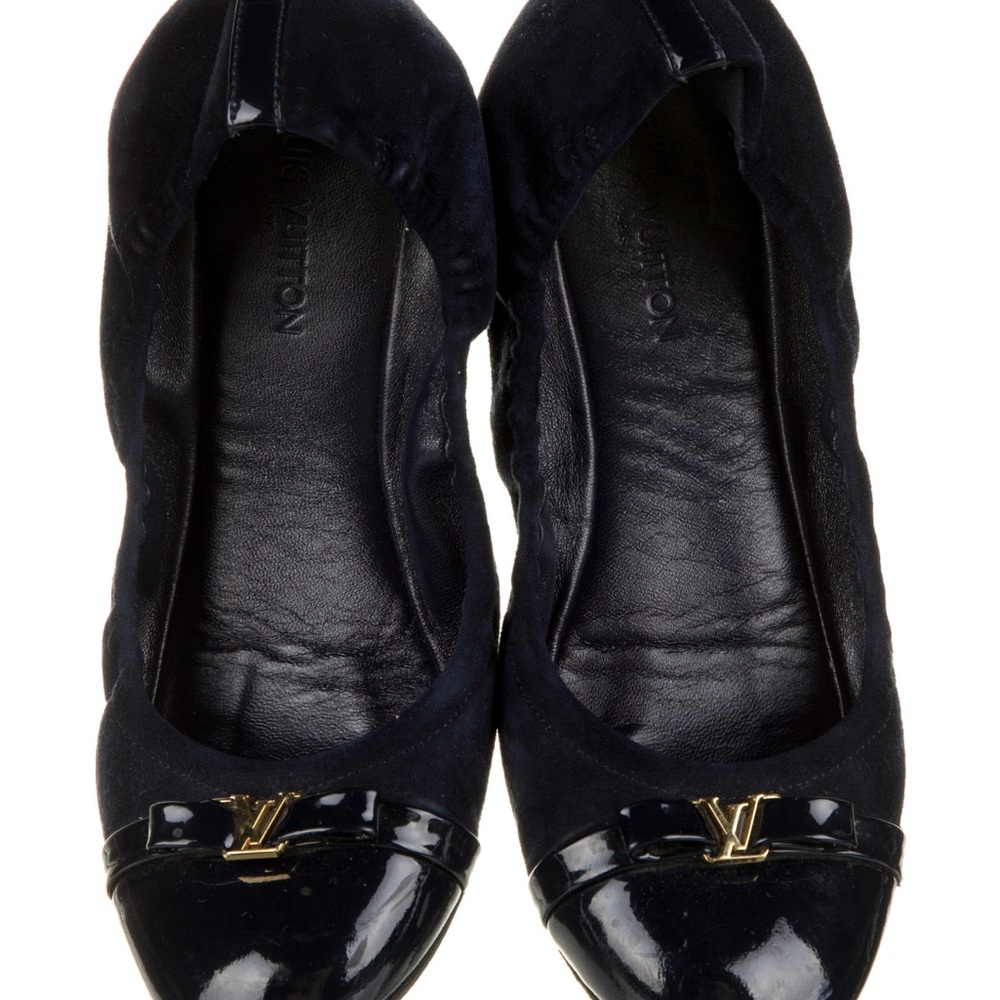 Louis Vuitton Navy Blue Flats with Gold Logo and Bow